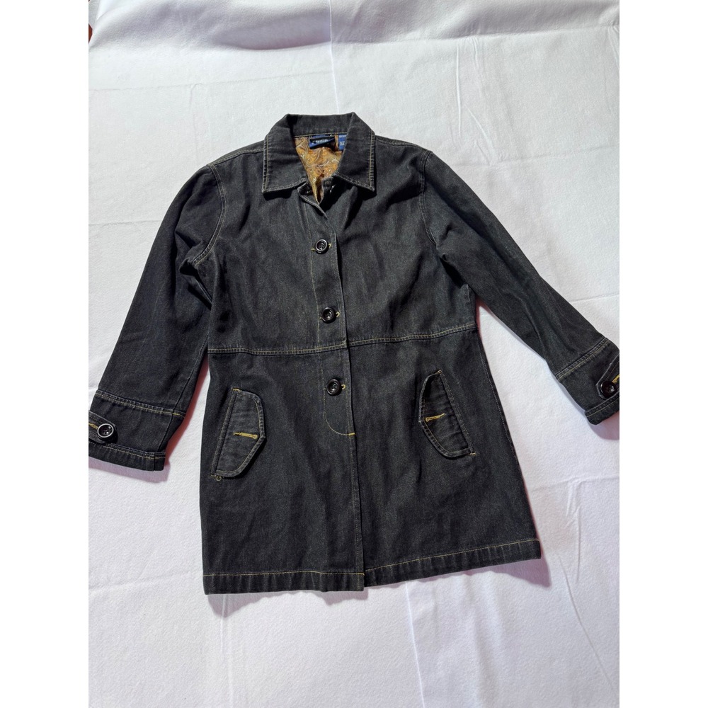 Bill Blass Jeanswear Womens Black Denim Paisley Lined Car Coat Jacket Size 14